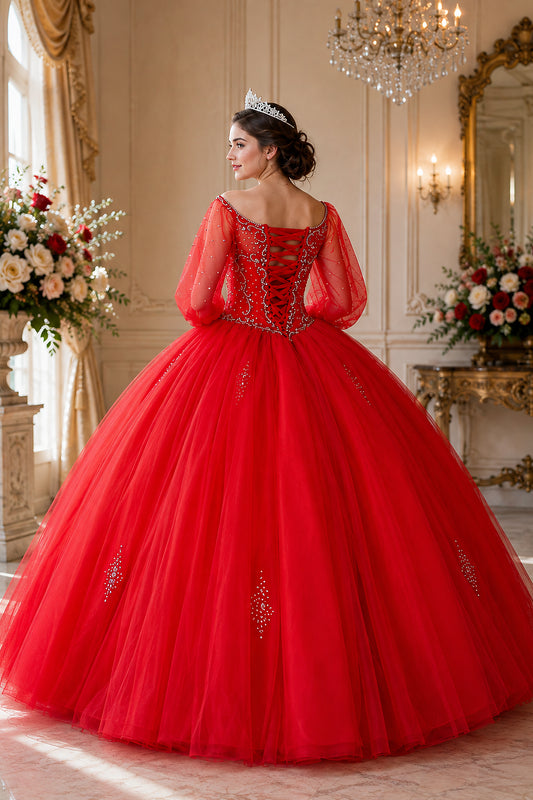 Lace-up detailing finishes the back of the Red quinceañera ball gown between its long sheer sleeves.