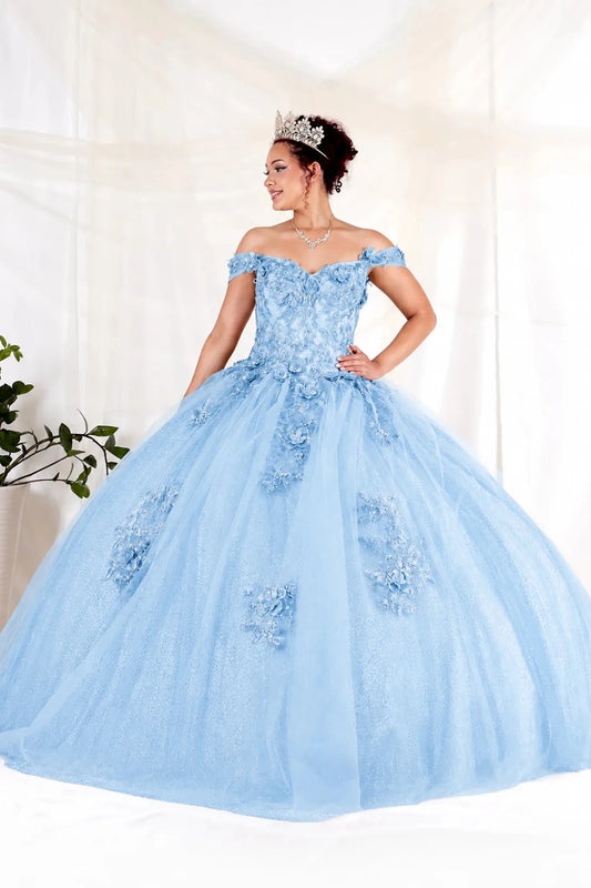 Bahama Blue quinceañera dress showcases dimensional floral appliqués and glitter accents above full tulle ball gown skirt.