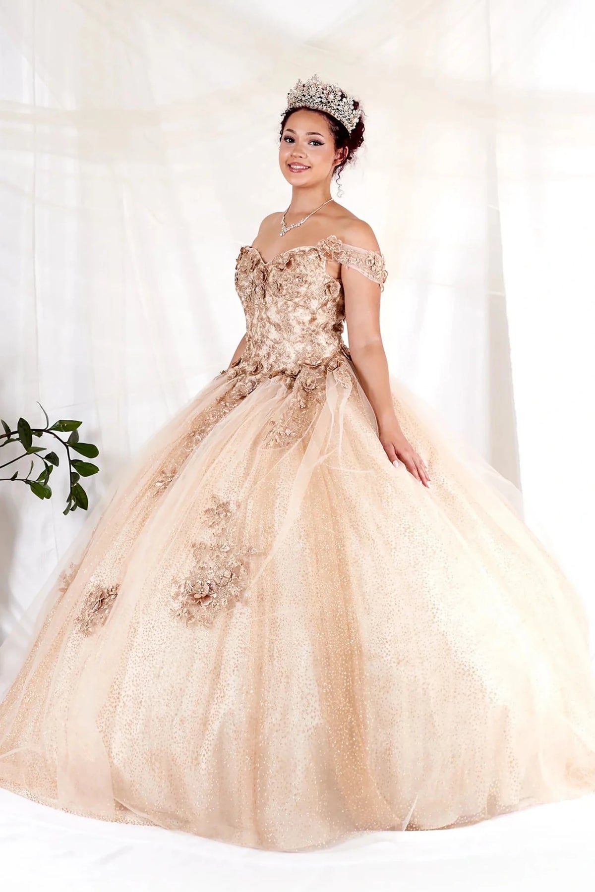 Champagne quinceañera dress showcases dimensional floral appliqués and glitter accents above full tulle ball gown skirt.