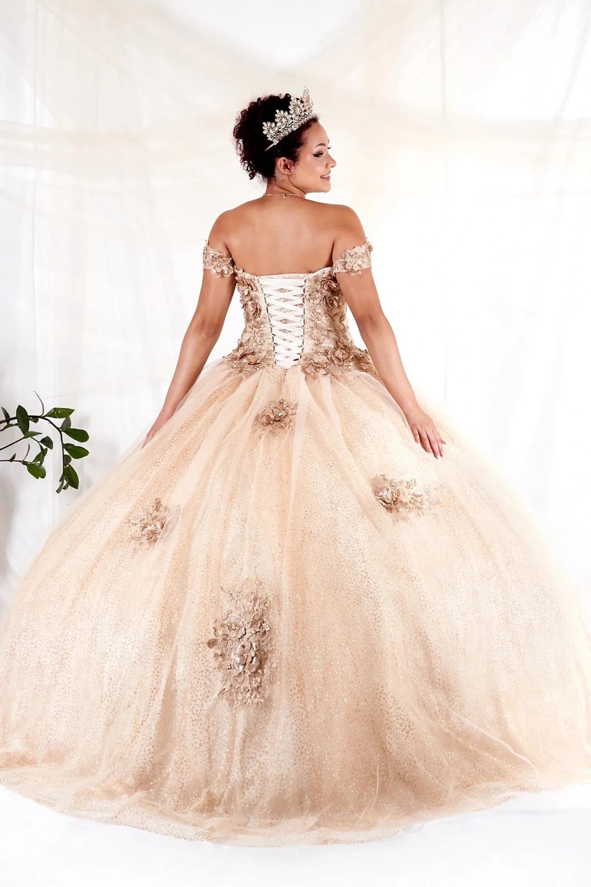 From behind, the Champagne quinceañera ball gown reveals a shaped lace-up back and the sweep of the full skirt.