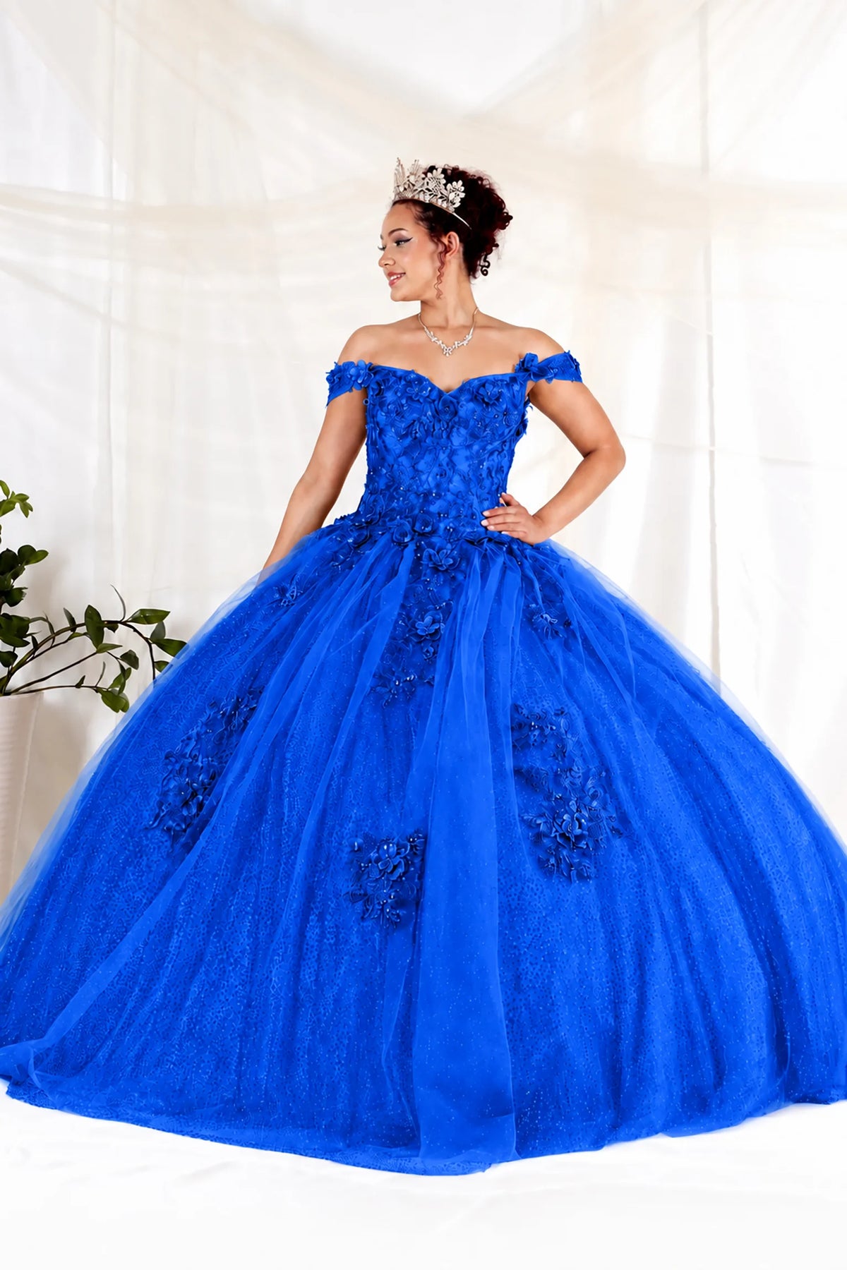 Royal Blue quinceañera dress showcases dimensional floral appliqués and glitter accents above full tulle ball gown skirt.