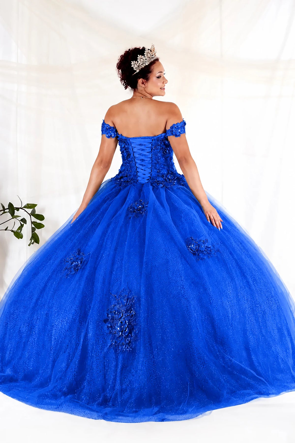 From behind, the Royal Blue quinceañera ball gown reveals a shaped lace-up back and the sweep of the full skirt.