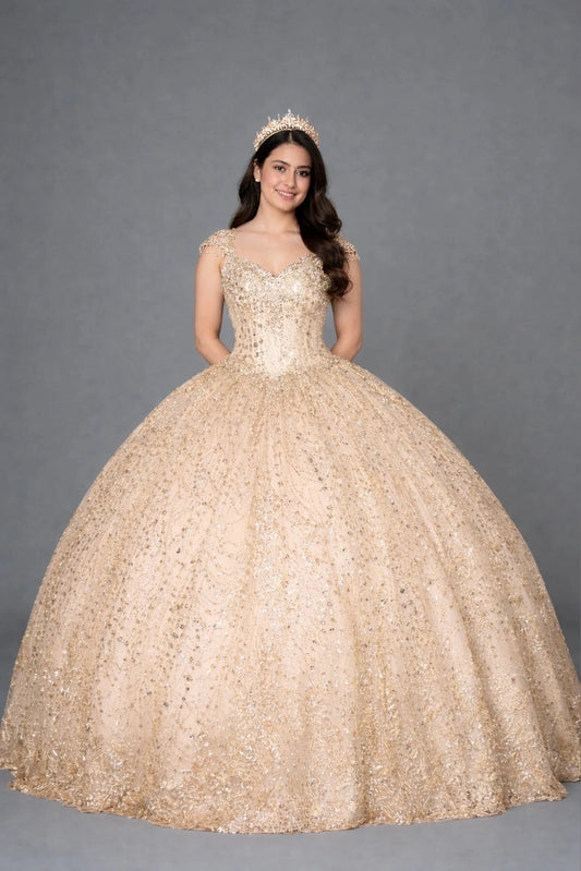Champagne quinceañera dress showcases metallic embroidered scrollwork above sparkling full ball gown silhouette.