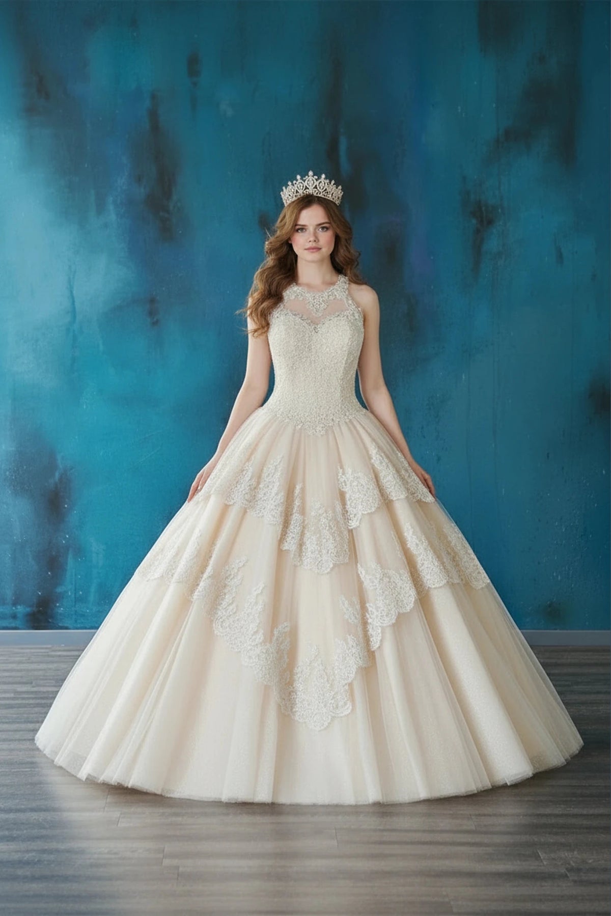 Champagne quinceañera dress showcases layered appliqué panels over the skirt above jewel neckline with a full ball gown shape.
