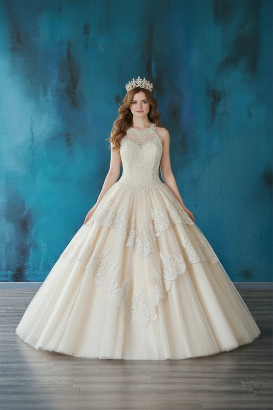 Champagne quinceañera dress showcases layered appliqué panels over the skirt above jewel neckline with a full ball gown shape.