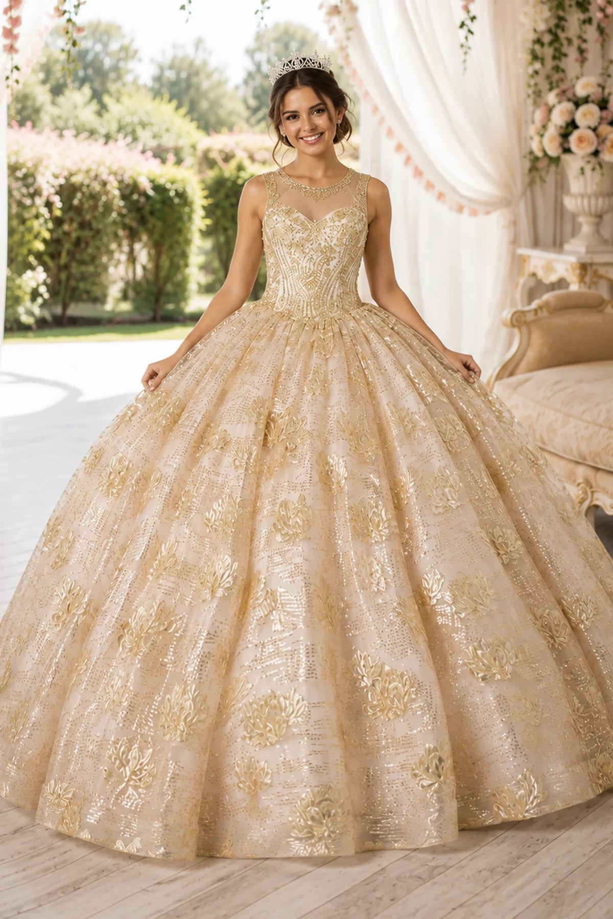 Champagne Gold quinceañera dress showcases allover sequin embroidery above sweeping formal ball gown skirt.