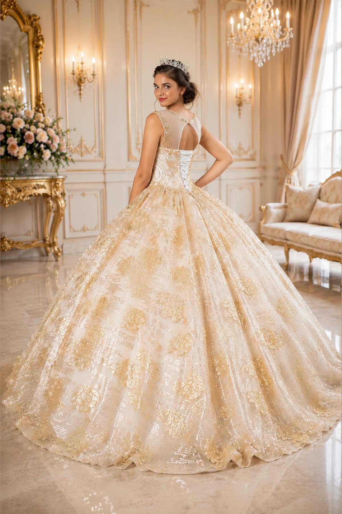 From behind, the Champagne Gold quinceañera ball gown reveals a shaped lace-up back and the sweep of the full skirt.