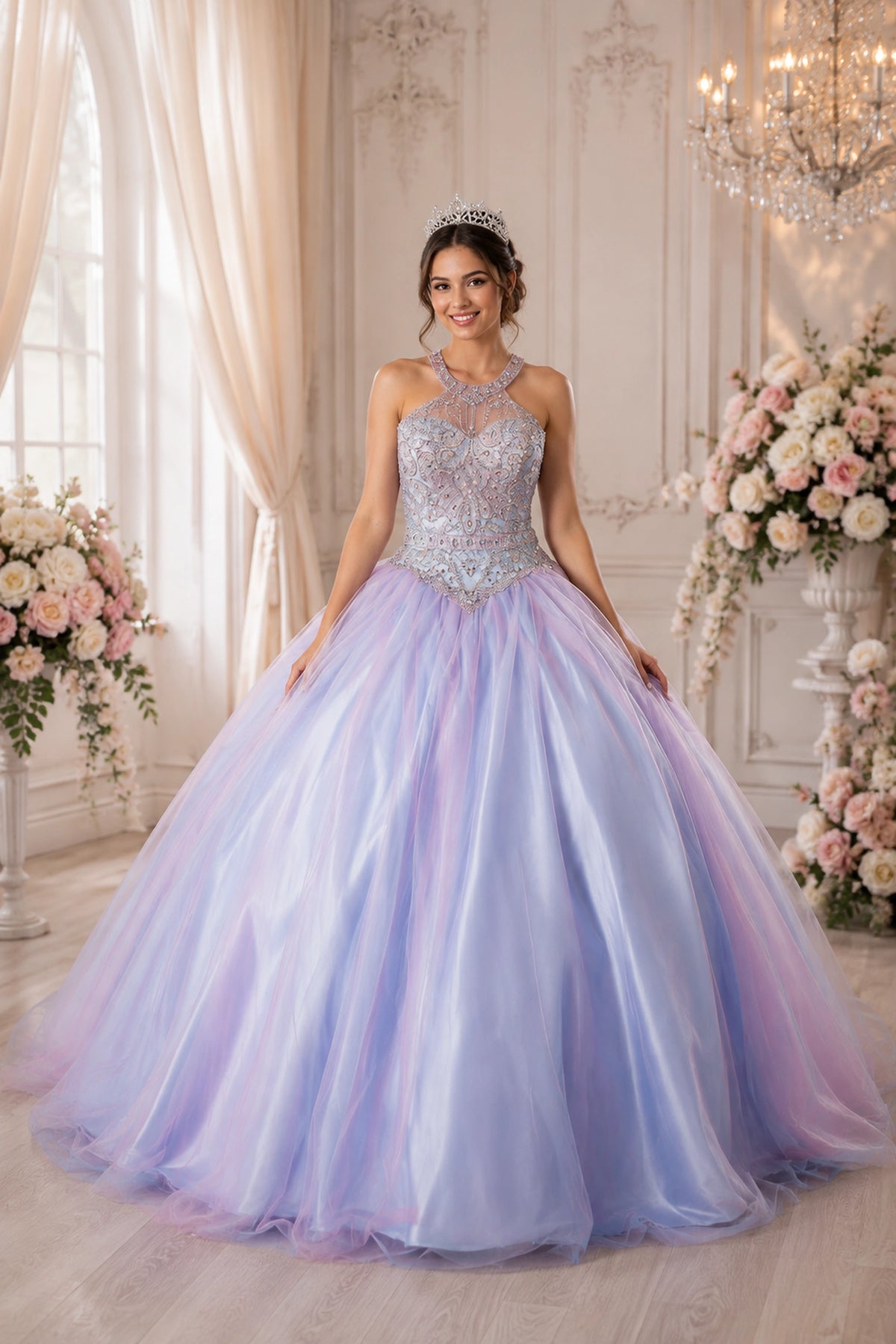 Blush Blue quinceañera dress showcases pastel two-tone tulle skirt above embroidered halter bodice.