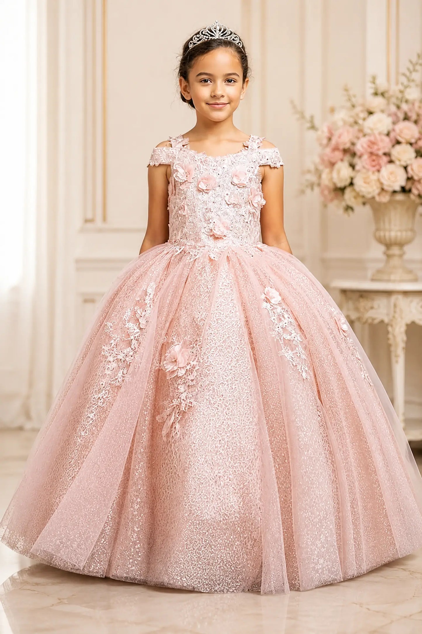 blush pink mini quince dress with shiny tulle bodice and voluminous short skirt