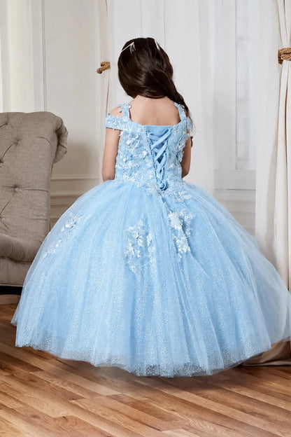 ight blue mini quince ball gown with floral lace appliqué and a lace-up back