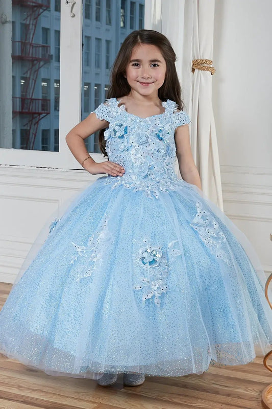 Kid standing front-facing in elegant sage ball gown with beaded 3D floral bodice and voluminous full skirt