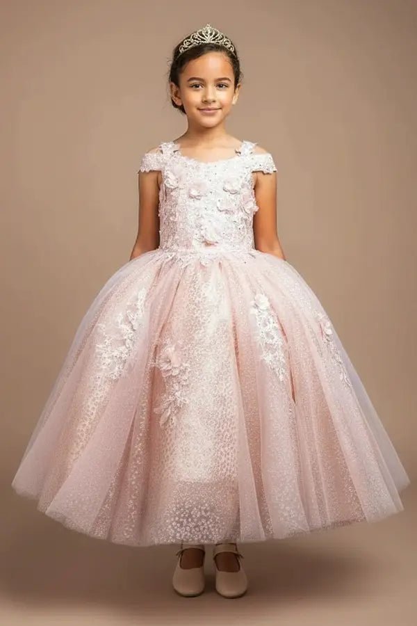 Kid standing front-facing in elegant blush pink mini quince dress with shiny tulle bodice and voluminous short skirt