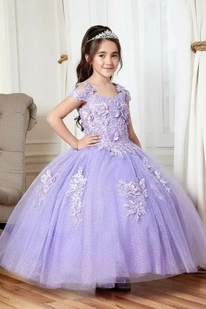 Kid standing front-facing in elegant lilac mini quince dress with shiny tulle bodice and voluminous short skirt