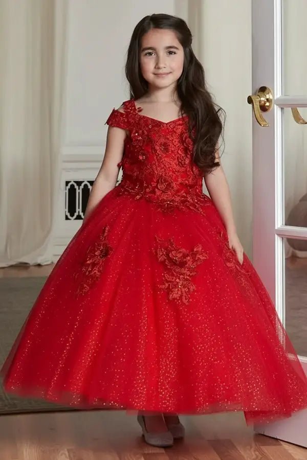 Kid standing front-facing in elegant red mini quince dress with shiny tulle corset bodice and voluminous short skirt