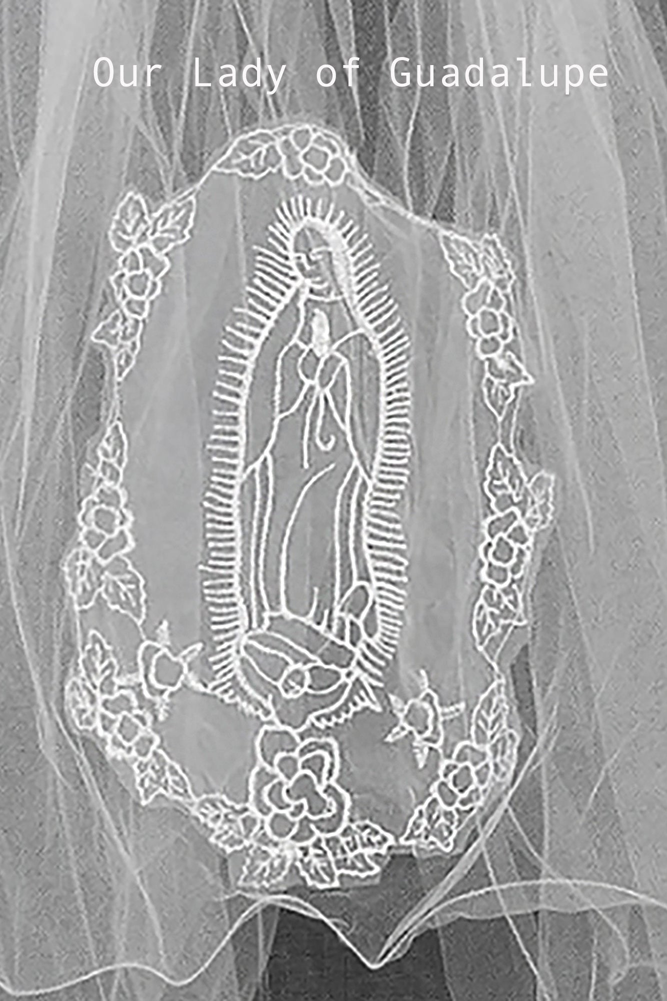 White lace Virgin Mary embroidered first communion lace applique.
