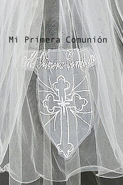 Intricate features stand out across white lace cross Virgin Mary embroidered first communion lace applique.