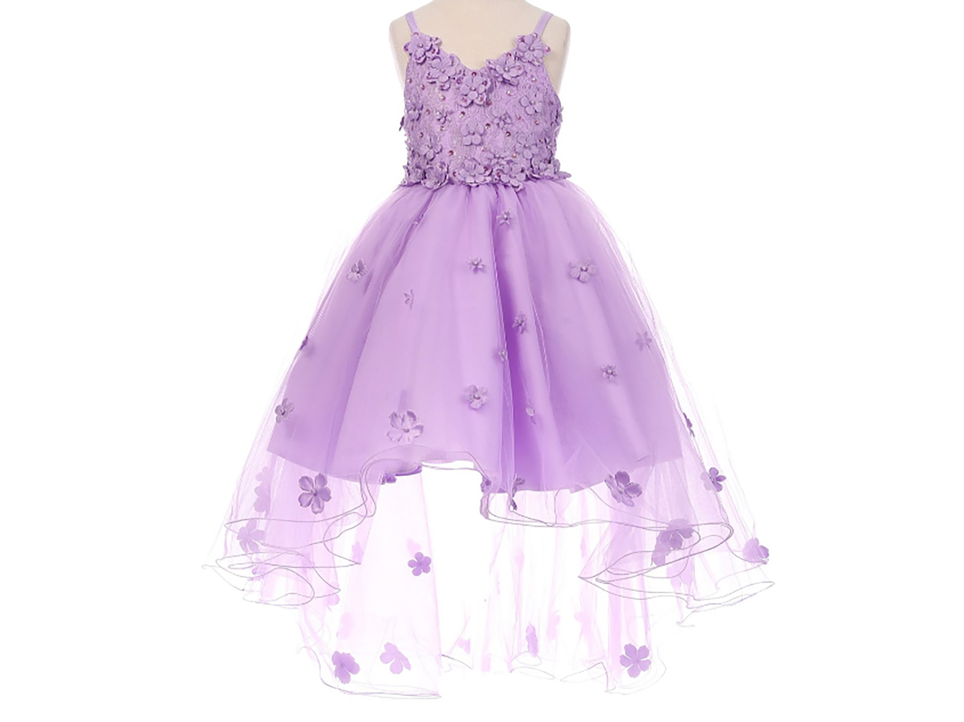 Lilac High-Low Tulle Dress with Embedded 3D Floral Design | Flower Girl Dress - front view of dress