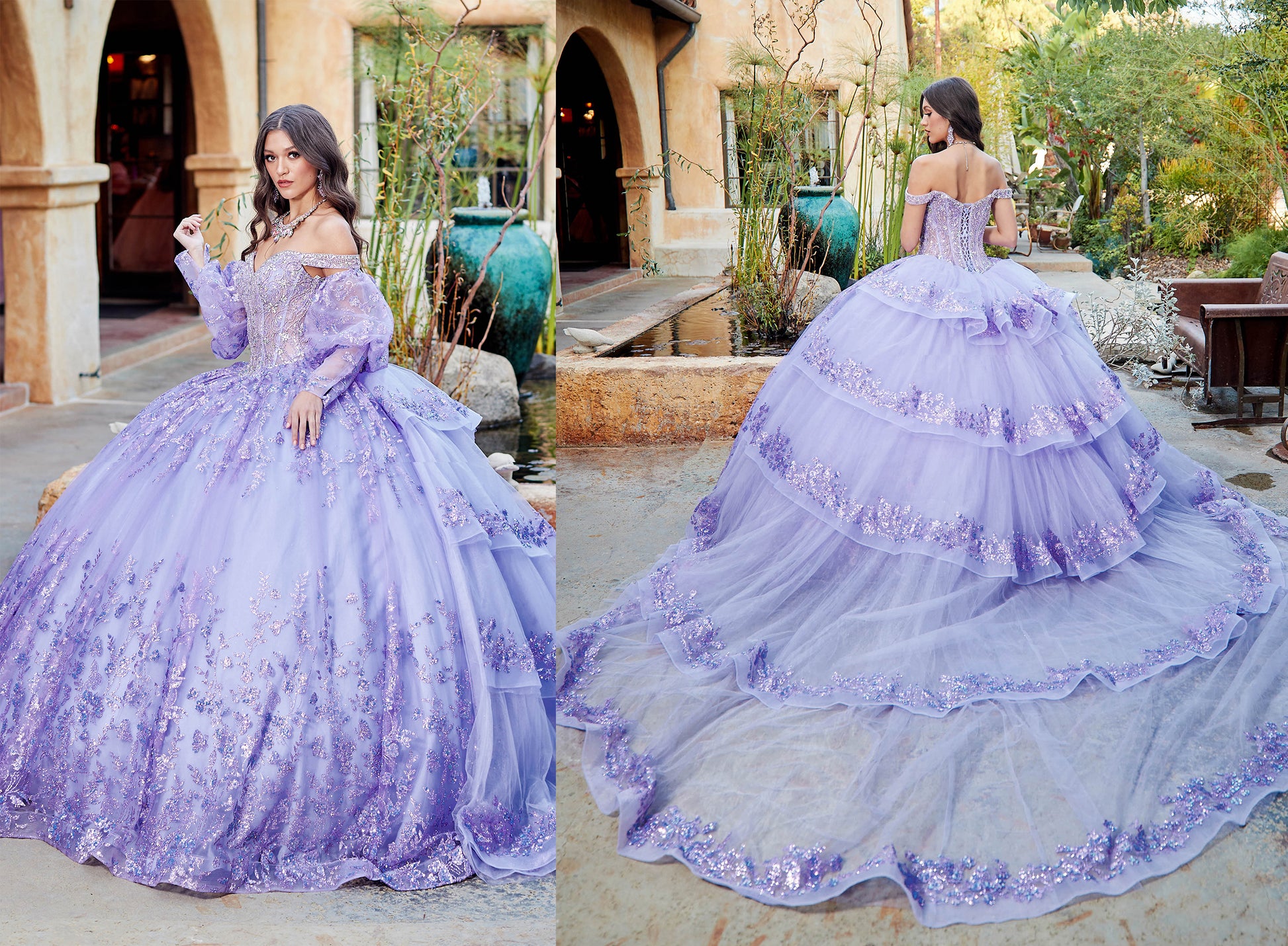 Lilac Detachable Train With Stones and Gems See-through Bodice Quince Ball Gown two photos