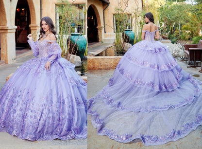 Lilac Detachable Train With Stones and Gems See-through Bodice Quince Ball Gown two photos