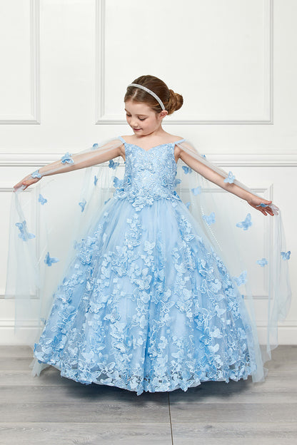 Mini Quince | Blue 3D Butterfly Floral Off-Shoulder Mini Quinceanera 3-Anos Ballgown with Cape | Aida dress | 2 Colors Available front