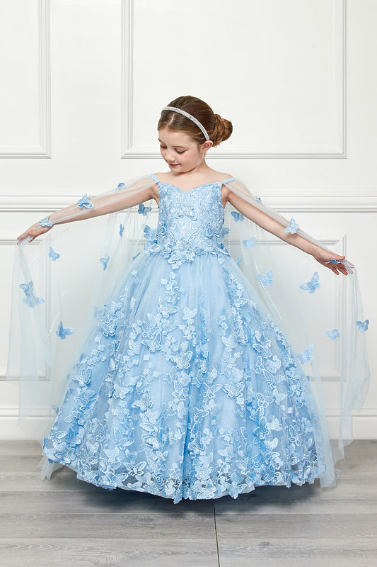 Mini Quince | Blue 3D Butterfly Floral Off-Shoulder Mini Quinceanera 3-Anos Ballgown with Cape | Aida dress | 2 Colors Available front