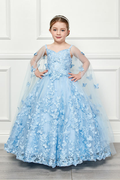 Mini Quince | Blue 3D Butterfly Floral Off-Shoulder Mini Quinceanera 3-Anos Ballgown with Cape | Aida dress | 2 Colors Available front with cape