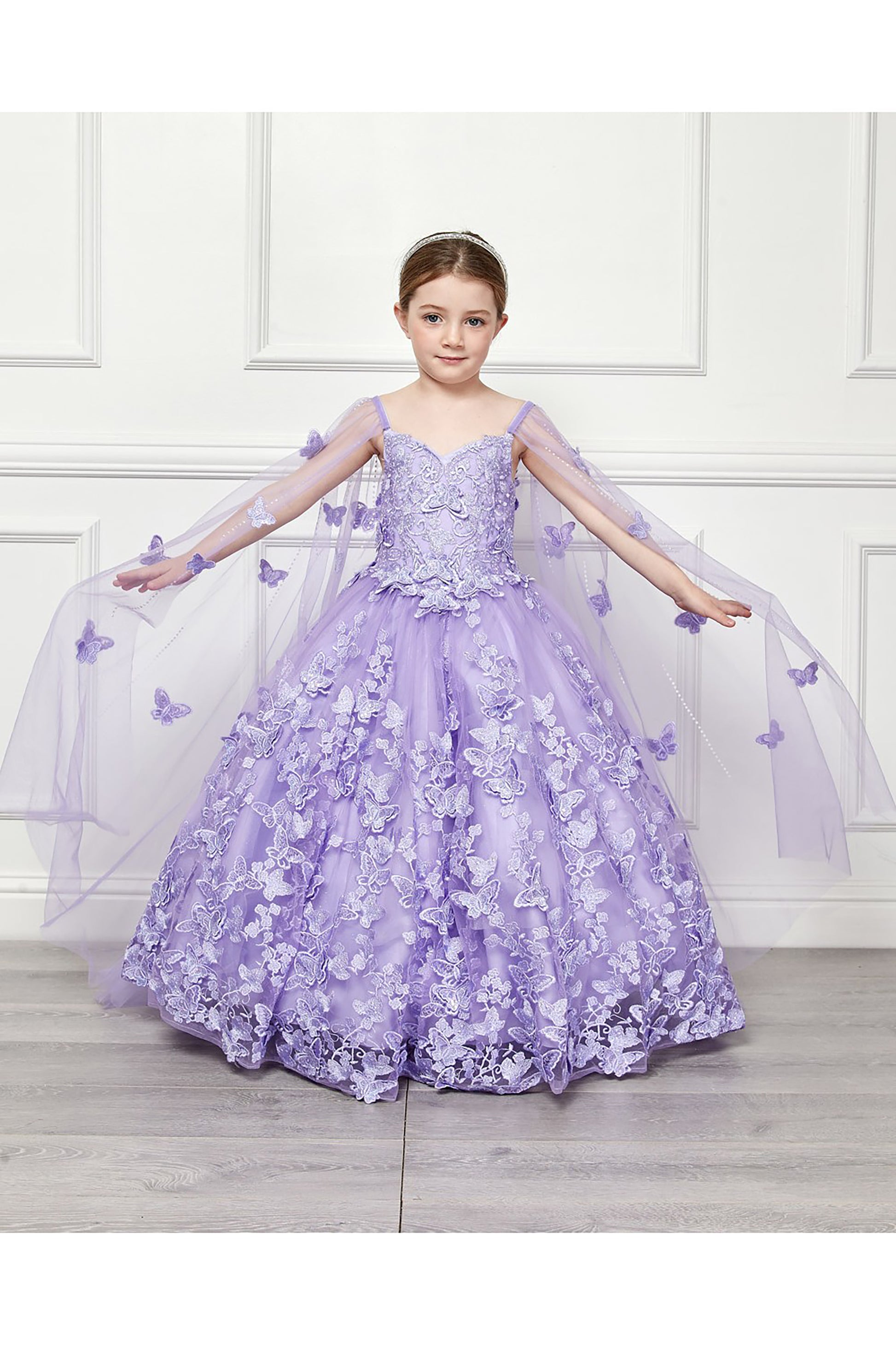 Lilac Mini Quince | 3D Butterfly Floral Off-Shoulder Mini Quinceanera Dress with Cape | 3 Anos dres - front view of girl wearing dress with arms outstretched