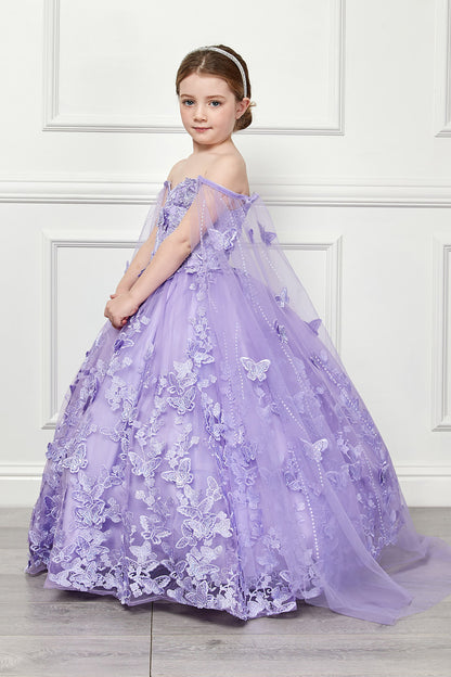 Lilac Mini Quince | 3D Butterfly Floral Off-Shoulder Mini Quinceanera Dress with Cape | 3 Anos dres - side view of girl wearing dress with hands clasped in the front