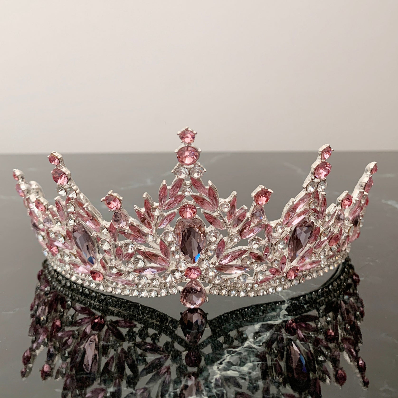 Pink silver rhinestone quinceañera tiara.