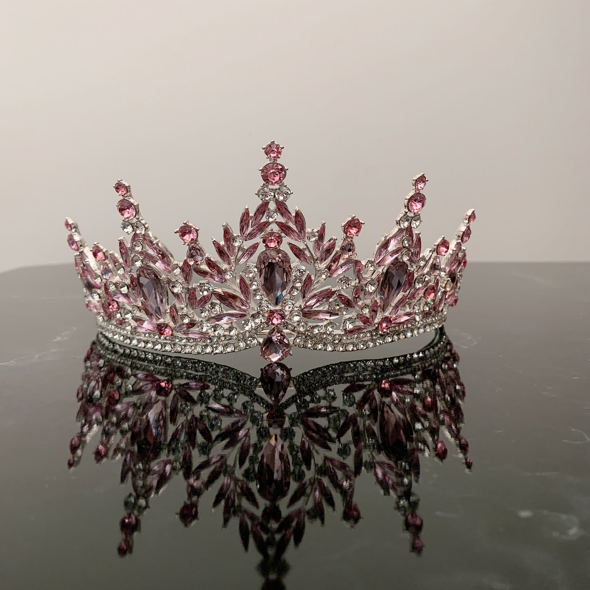 Pink silver rhinestone quinceañera tiara, front view.