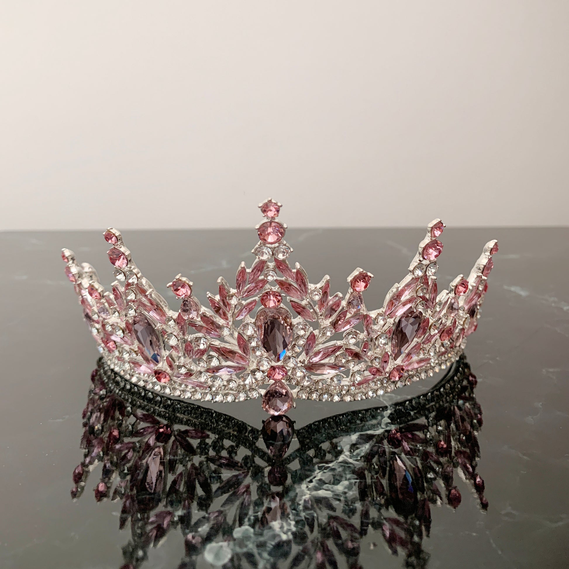 Pink silver rhinestone quinceañera tiara.