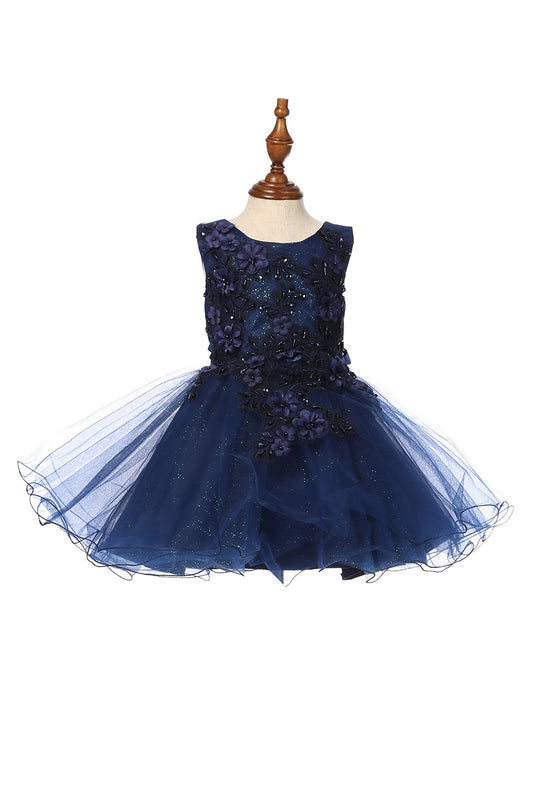 Navy Baby 3D Flower Lace Tulle Special Occasion Dress - front of dress view