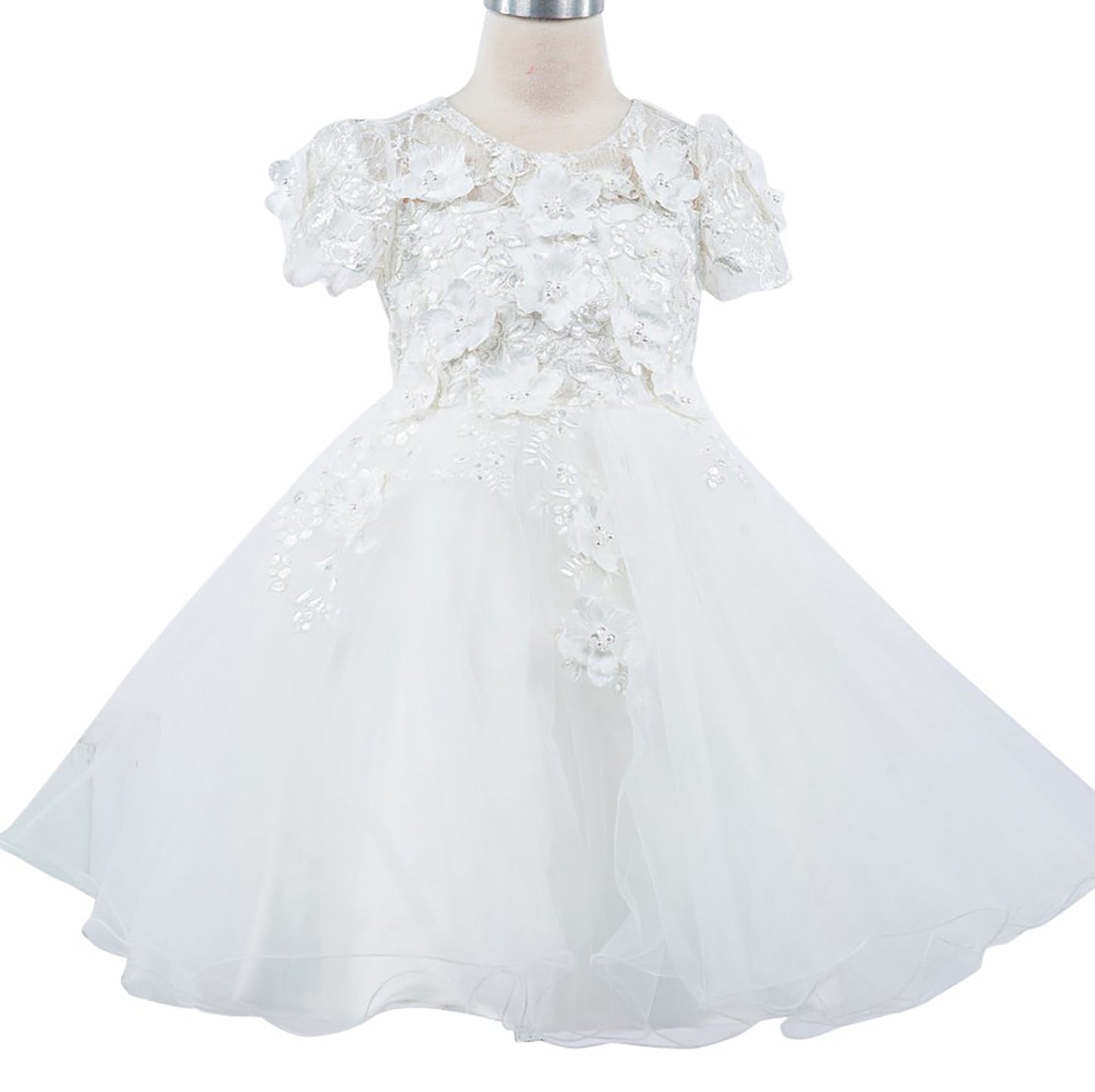 White Embedded 3D Floral Flower Girl Dress | Cap sleeve Wired Tulle Flower Girl Dress - front view of dress