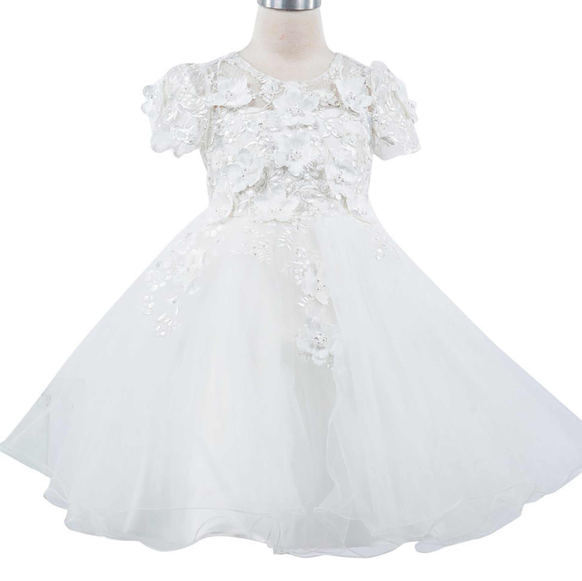 White Embedded 3D Floral Flower Girl Dress | Cap sleeve Wired Tulle Flower Girl Dress - front view of dress