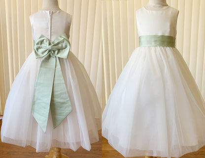 Flower Girl Adjustable Big Bow Satin Belt | Kid Ribbon Sash | 13 Colors Available - dresses showing bow sash from back and front