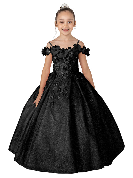 Black Floral Shoulder Appliqués Glitter Tulle Mini Quinceanera 3-Anos Dress - front view