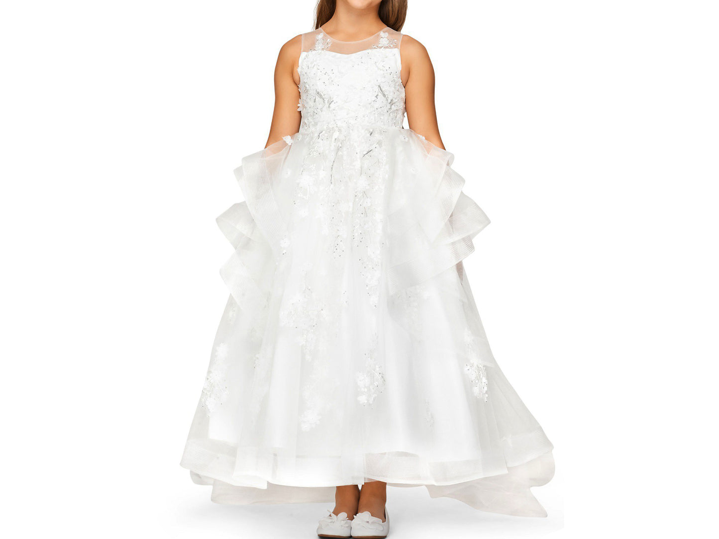 Off-White Hand-crafted Lace Appliques & Sequin Beads High-low Flower Girl Dress with Detachable Train - front view of girl wearing dress feet together