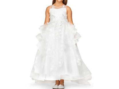 Off-White Hand-crafted Lace Appliques & Sequin Beads High-low Flower Girl Dress with Detachable Train - front view of girl wearing dress feet together