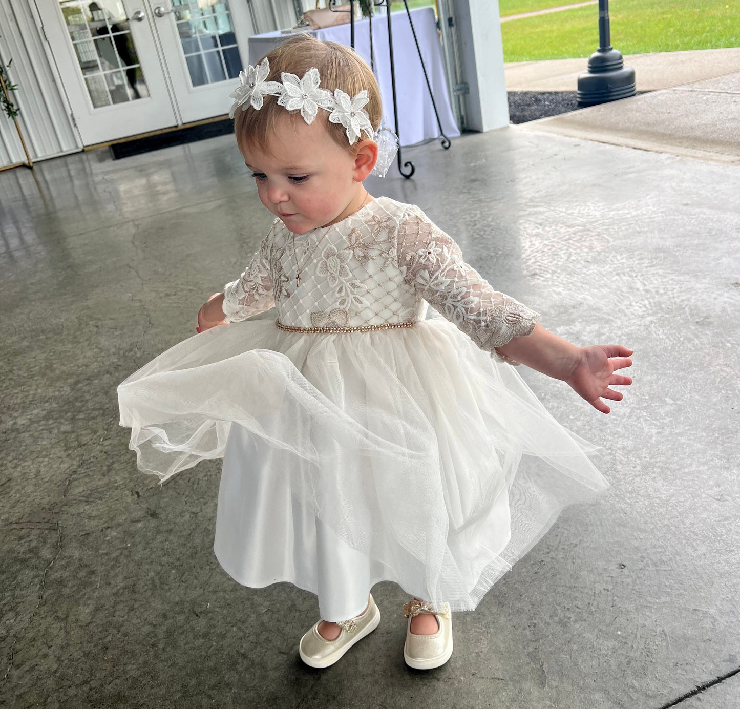 Off-White USA Made | 3/4 sleeve Lattice Flower Embroidered Lace with Satin & Crystal Tulle Flower Girl Dress - toddler wearing dress with headband