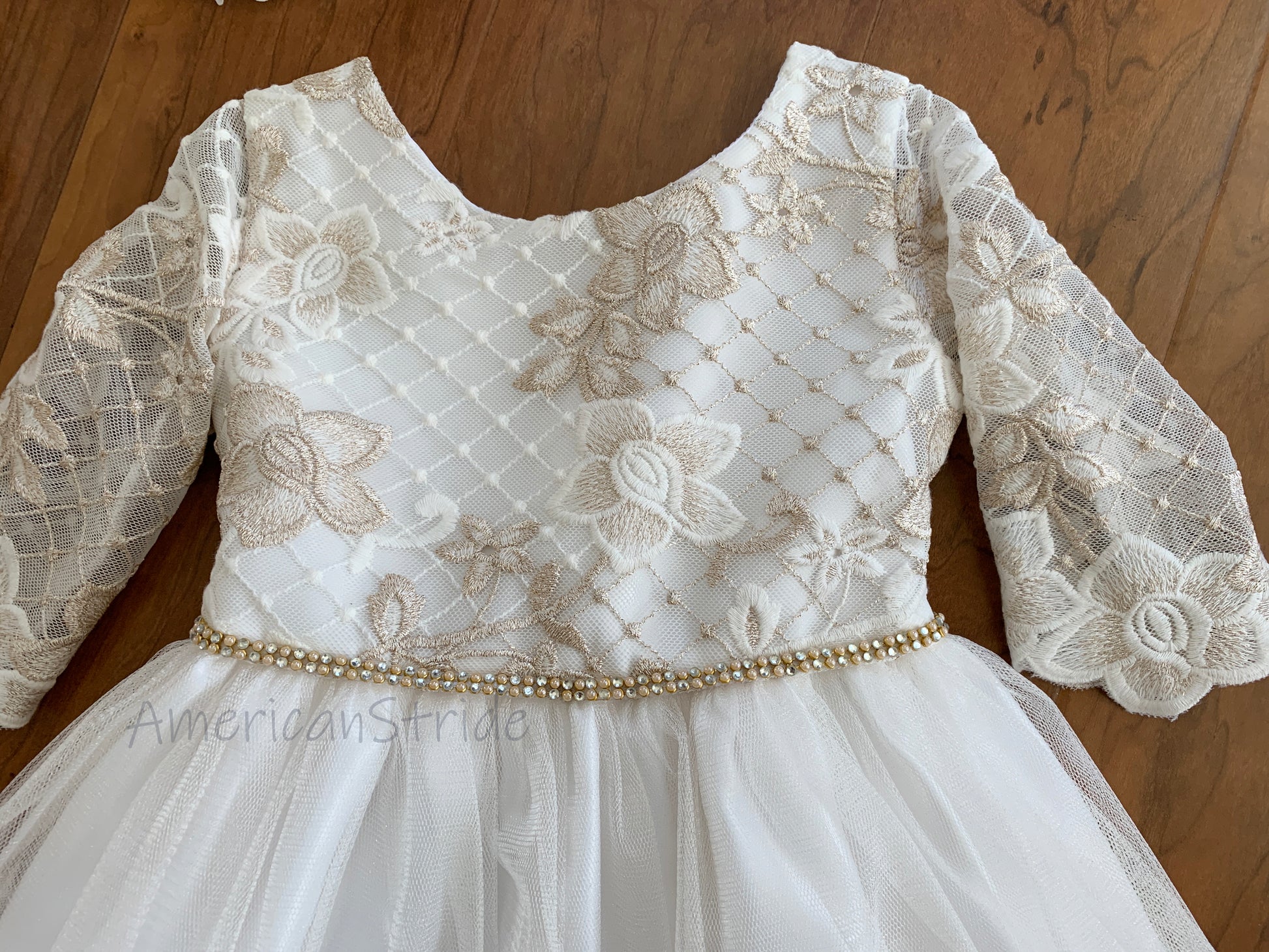 Off-White USA Made | 3/4 sleeve Lattice Flower Embroidered Lace with Satin & Crystal Tulle Flower Girl Dress zoomed in front view with sash belt