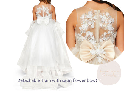 Off-White Hand-crafted Lace Appliques & Sequin Beads High-low Flower Girl Dress with Detachable Train - detachable train with satin flower bow!