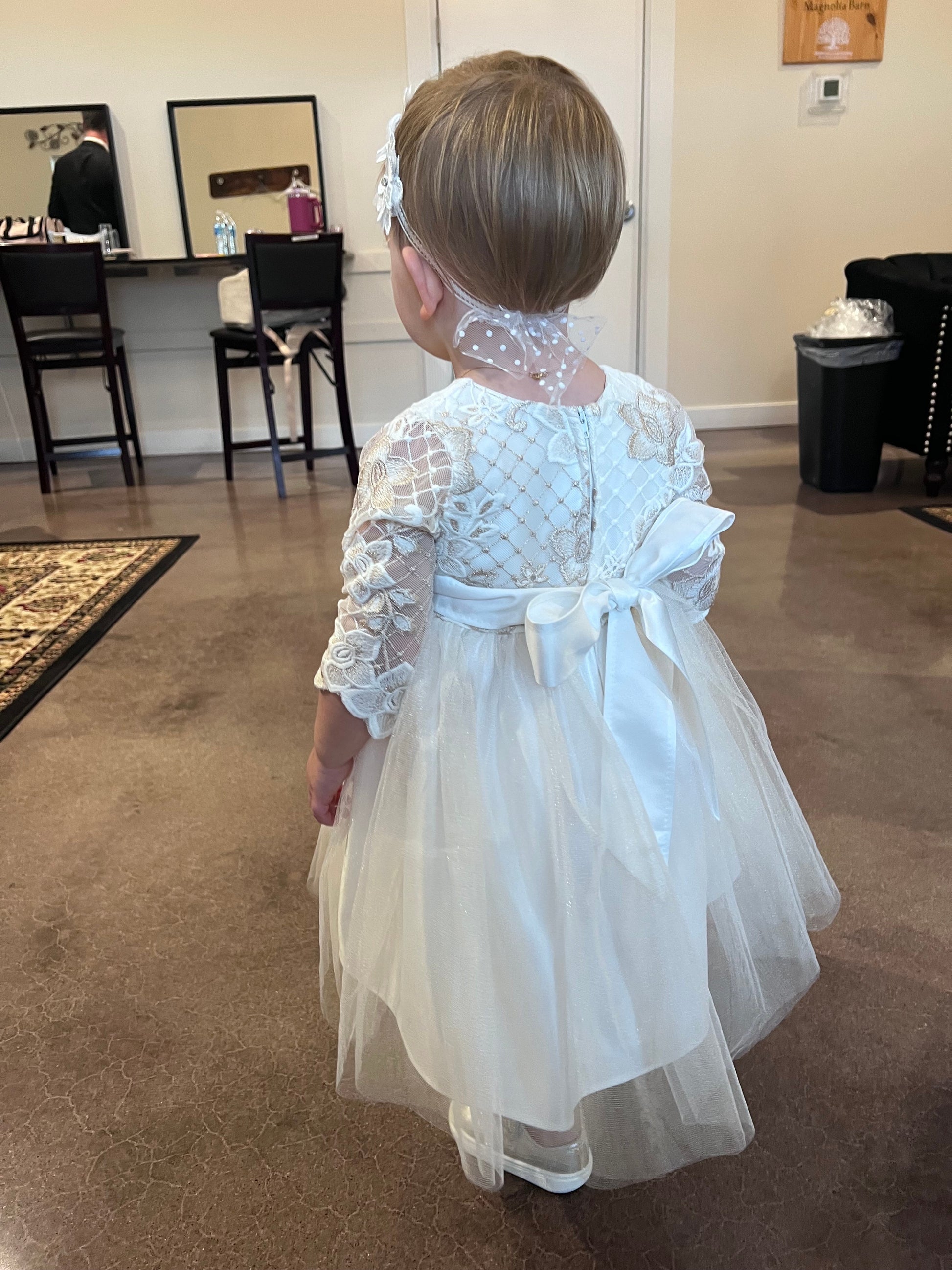 Off-White USA Made | 3/4 sleeve Lattice Flower Embroidered Lace with Satin & Crystal Tulle Flower Girl Dress - back view of toddler wearing dress