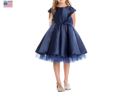 Full Pleated Satin and Crystal Tulle Dress with Detachable oversized organza tulle bow Flower Girl Dress - girl wearing dress in blue color