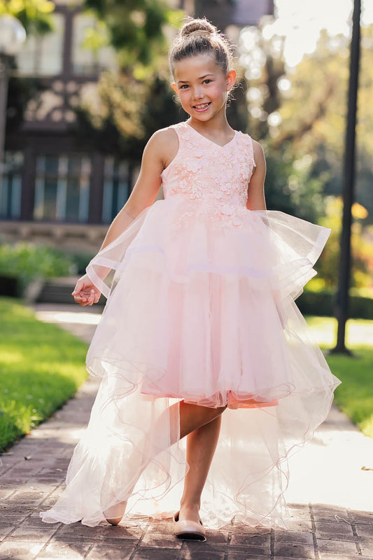 Peach Elegant 9 layers of Skirt Train with Elegant Hand-crafted Lace Appliques Sequin Pearl Beads top dress - front view of girl wearing dress smiling