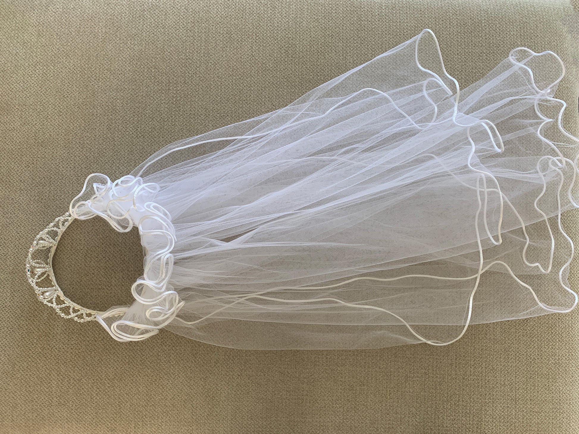 White pearl rhinestone flower girl and first communion tiara and two-tier veil, full view.