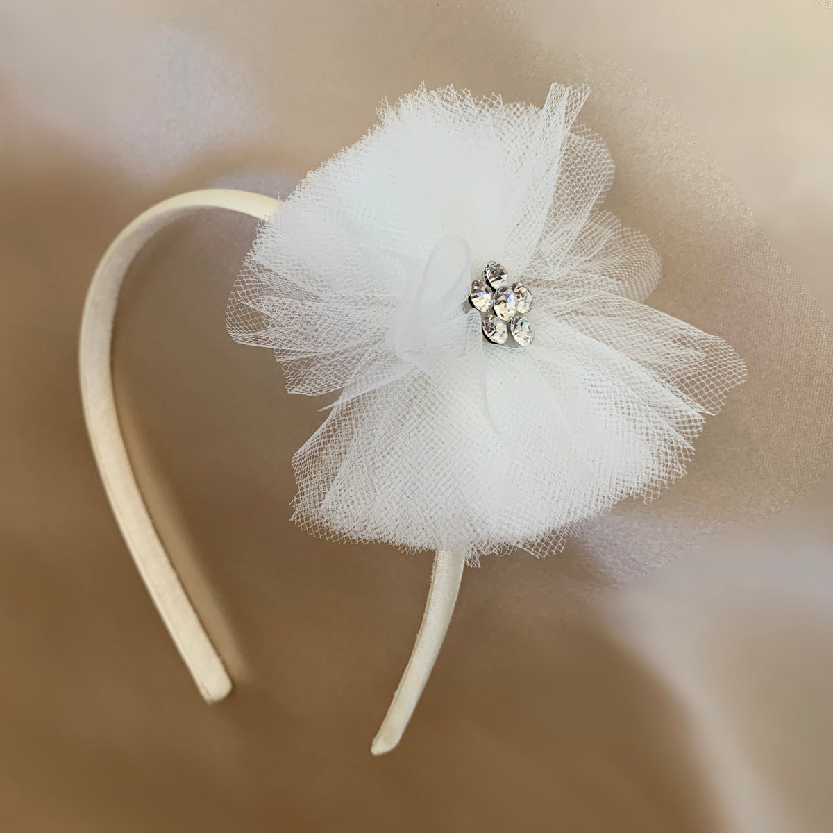 Ivory and white rhinestone chiffon satin tulle floral flower girl headband.