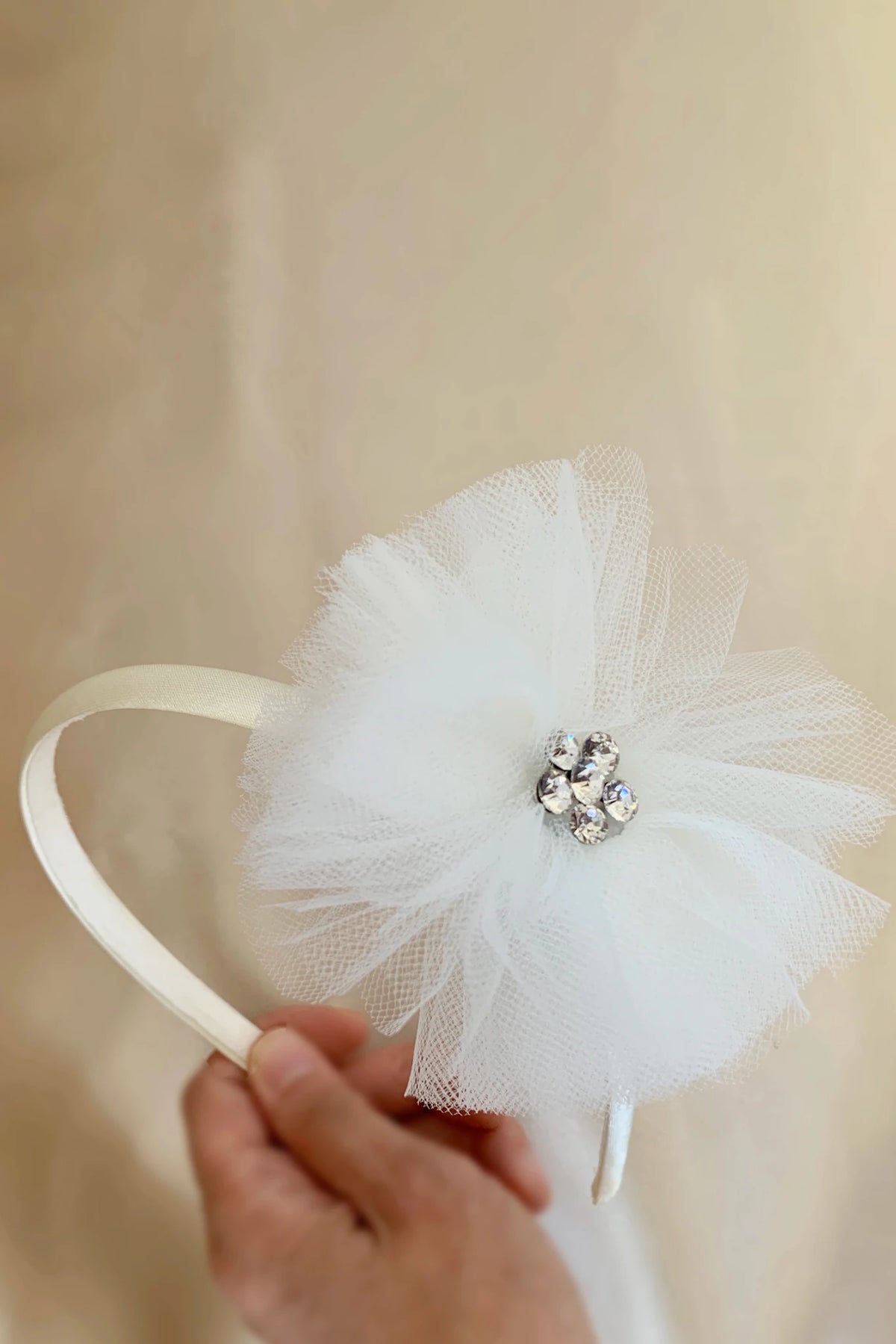 White rhinestone chiffon tulle floral flower girl headband.