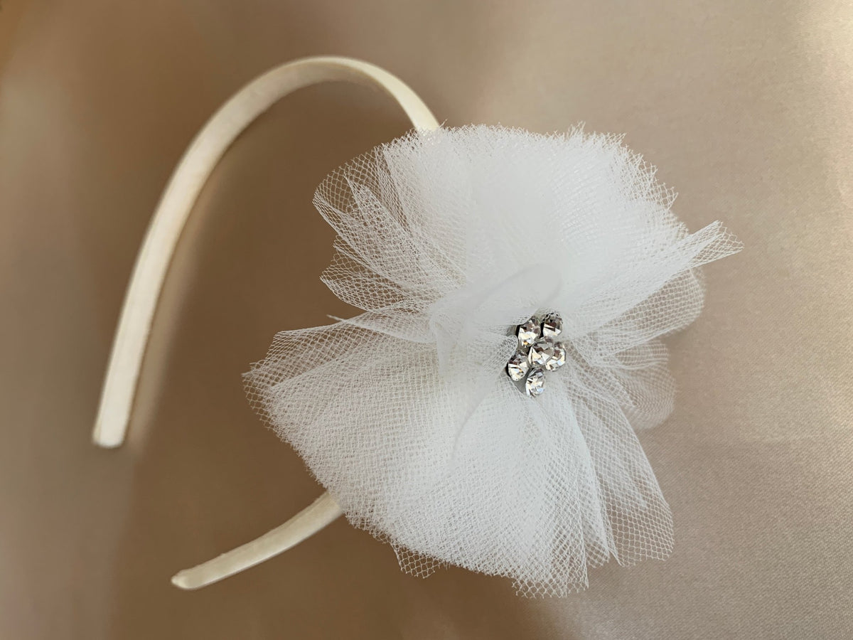 White rhinestone chiffon tulle flower girl headband.
