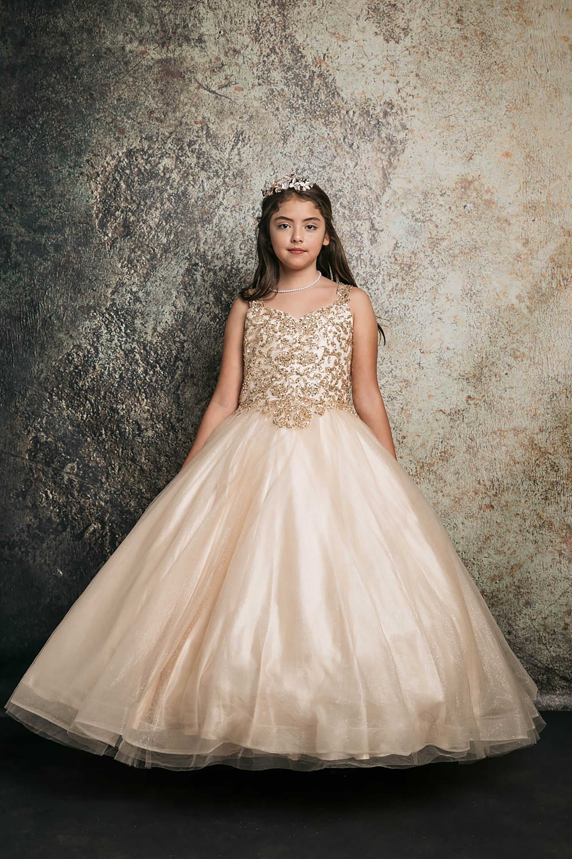 Mini Quince | Champagne Princess Sequin Beaded Embroidery Bodice with Glitter Tulle Skirt Kid Dress | Camila dress | 3 Colors Available front