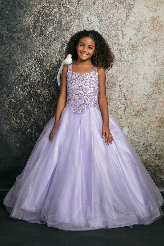 Mini Quince | Lilac Princess Sequin Beaded Embroidery Bodice with Glitter Tulle Skirt Kid Dress | Camila dress | 3 Colors Available front